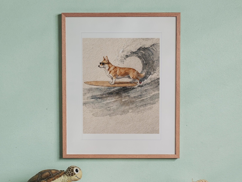 Corgi Surfing print in a Red Oak frame with a white mat, hanging above the desk in a kids' room.