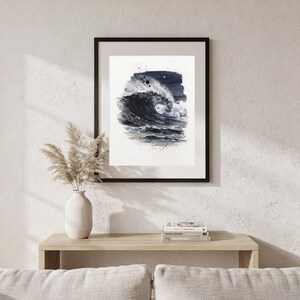 Moonlit Wave Watercolor Print, Night Ocean Wall Art, Indigo Coastal Decor, Moon Wave Painting, Printable Wall Art Digital Download image 6