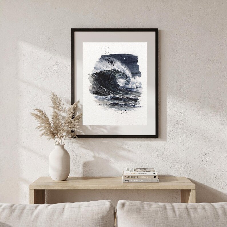Moonlit Wave Watercolor Print, Night Ocean Wall Art, Indigo Coastal Decor, Moon Wave Painting, Printable Wall Art Digital Download image 6