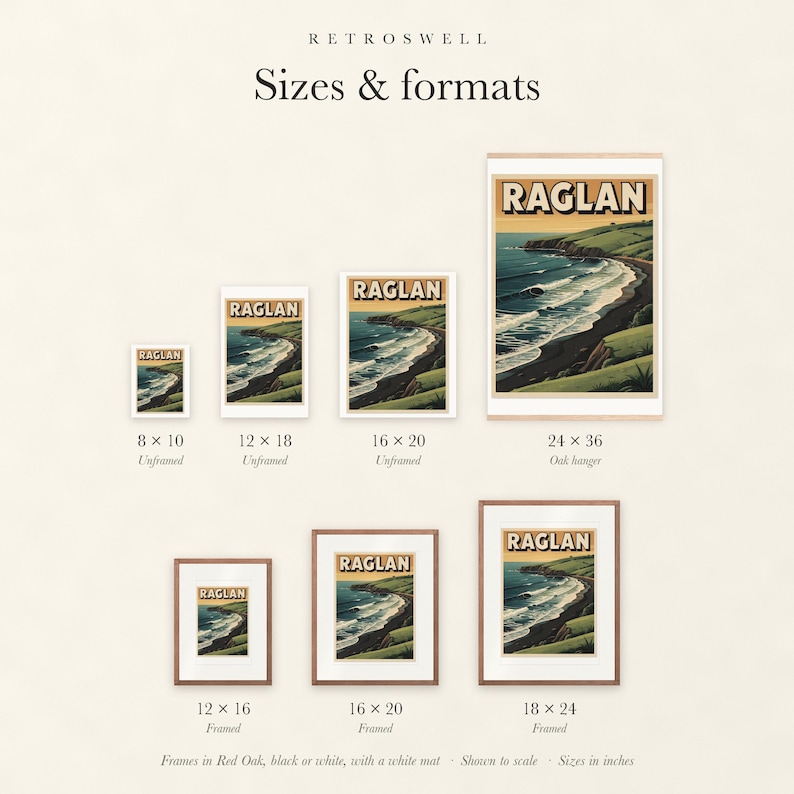 Sizes and formats for Raglan New Zealand Surf, shown to scale: unframed prints, oak hanger and framed prints.