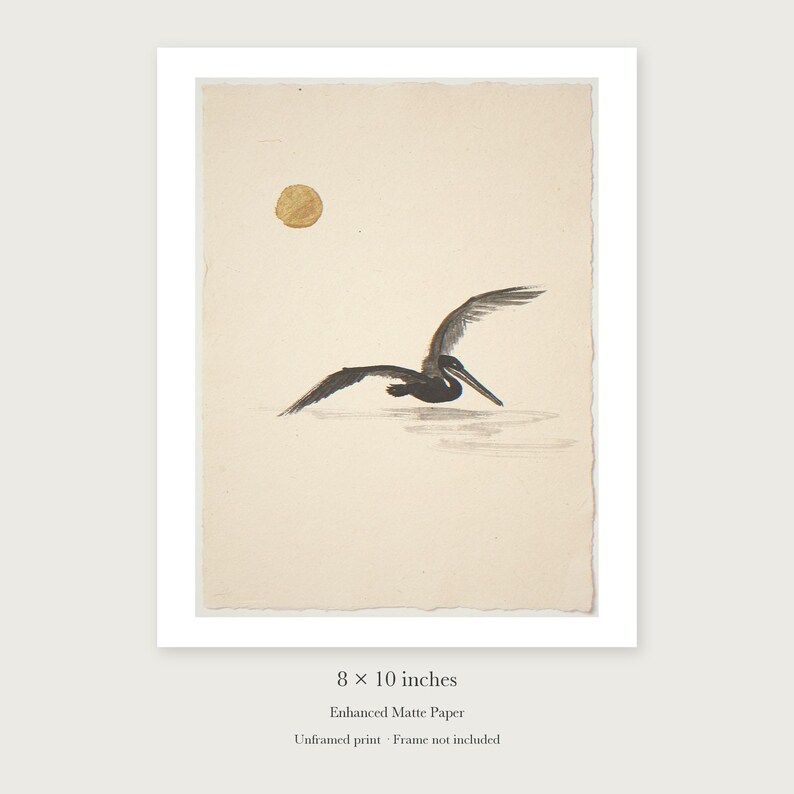 Flying Pelican Ink Style unframed 8 by 10 inch print on enhanced matte paper, shown with its white paper border.