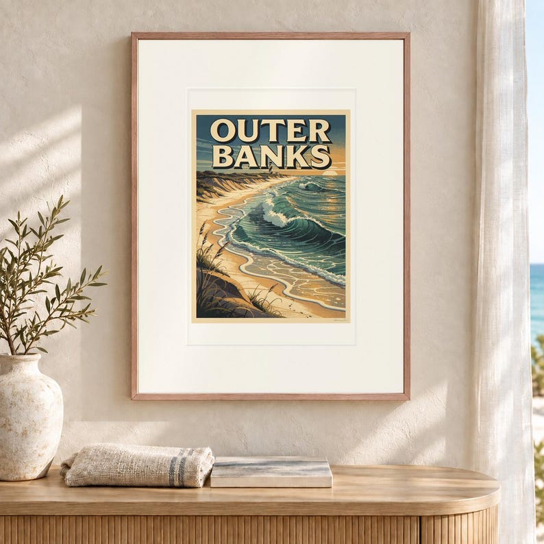 Póster de viaje de surf de Outer Banks, enmarcado o sin enmarcar, estilo costero vintage. imagen 12