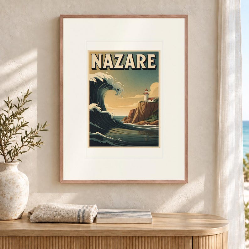 Nazare Surf Travel Poster, Framed or Unframed Vintage Style Coastal Print image 12
