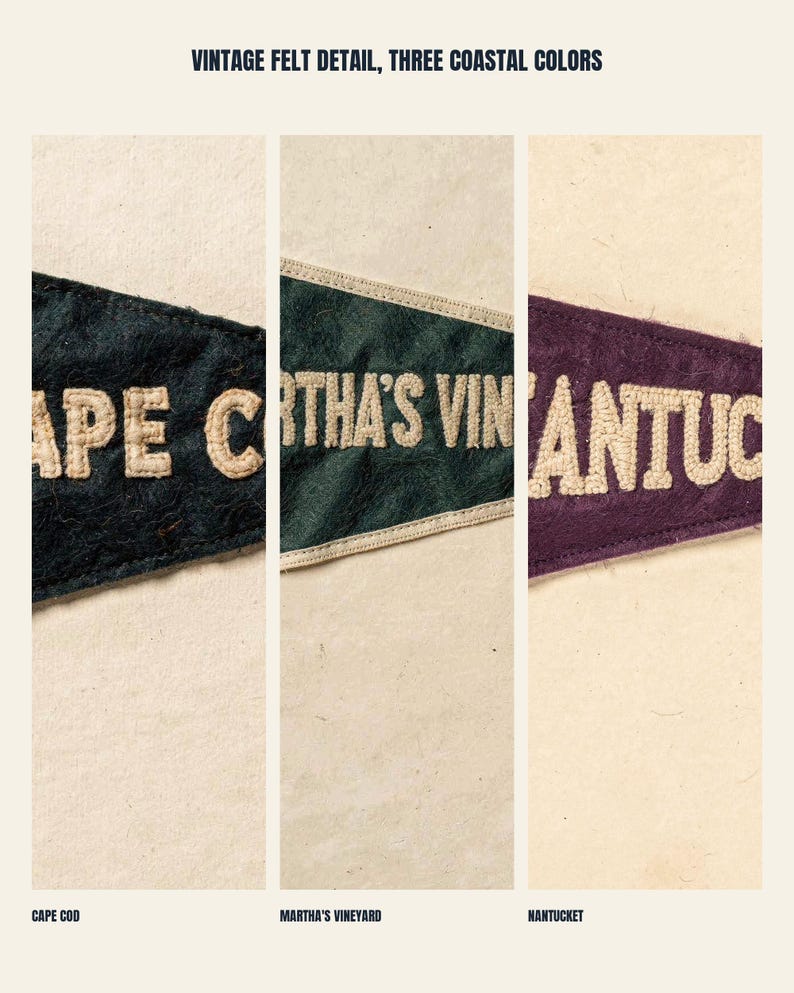 Close views of the navy, green, and burgundy felt textures and stitched location lettering in the three-print set