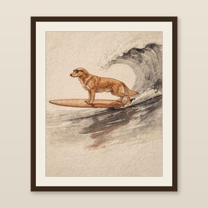 Golden Retriever Surfing Print | Dog Surf Wall Art | Fine Art Coastal Decor | Dog Lover Gift | Printable Wall Art Digital Download image 1