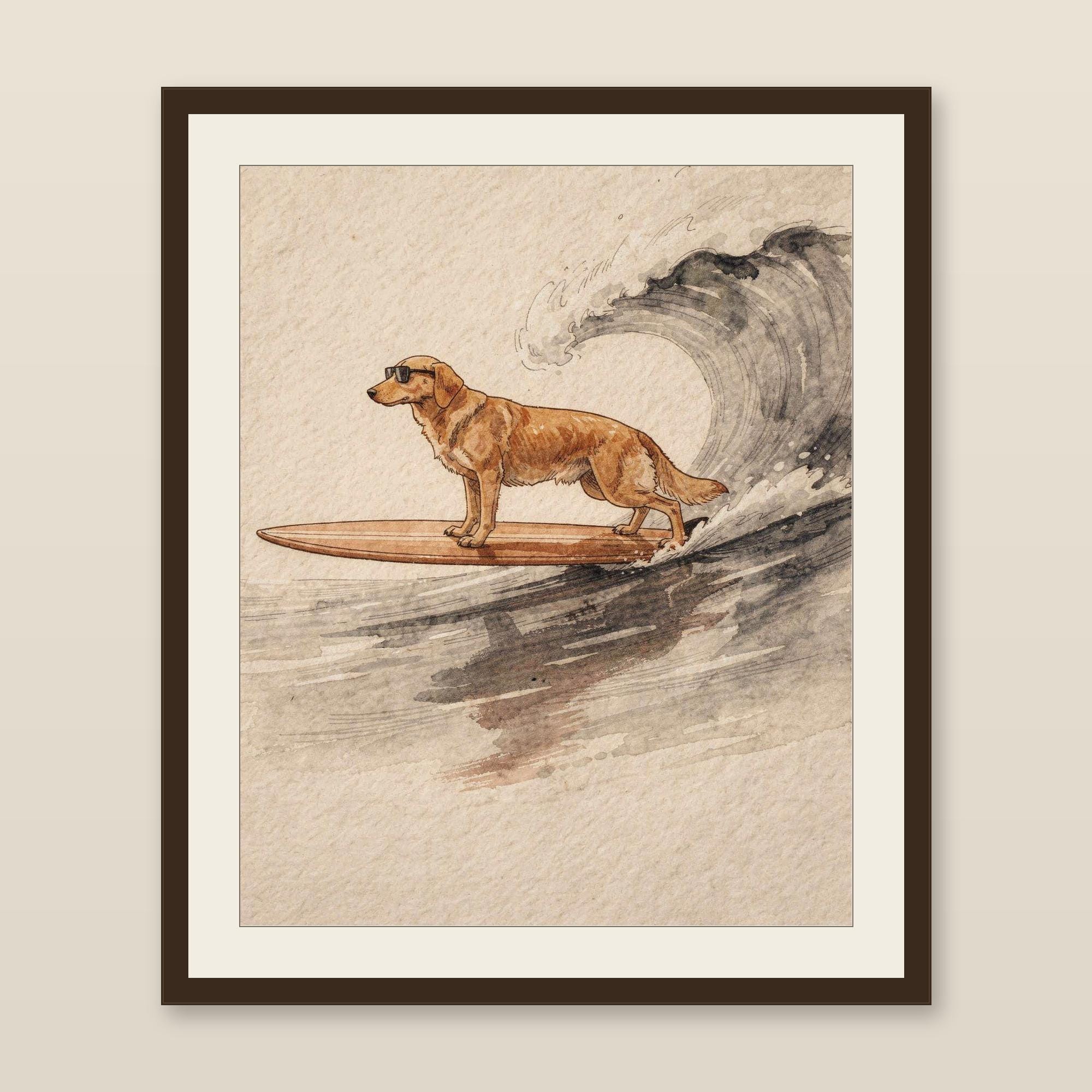 Golden Retriever Surfing Print | Dog Surf Wall Art | Fine Art Coastal Decor | Dog Lover Gift | Printable Wall Art Digital Download