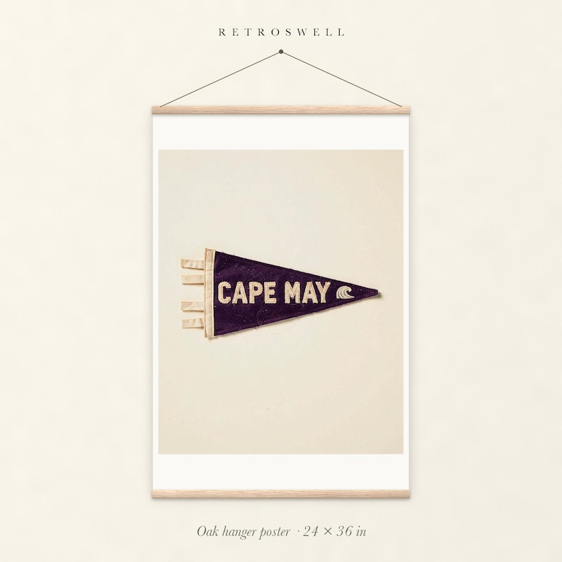 Cape May Surf Pennant oak hanger poster, 24 by 36 inches, with natural wood rails and a hanging cord.