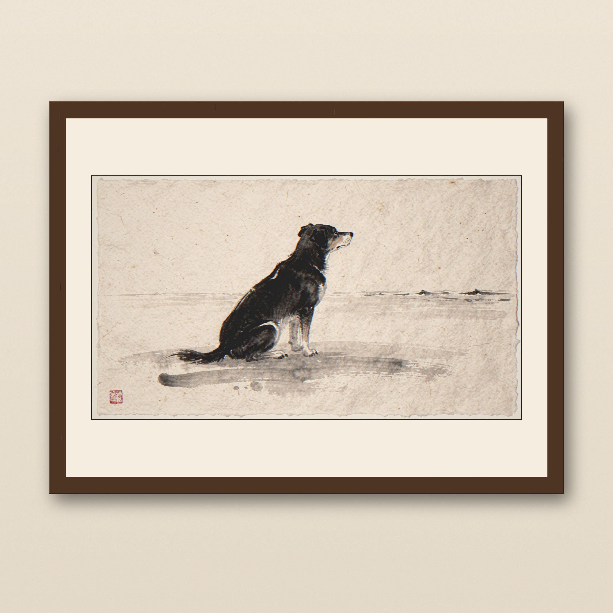 Xieyi Ink Dog Gazing At Ocean Horizon Print - walnut framed art print with cream mat on plaster wall