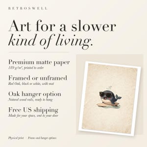 RetroSwell print details for Whale Surfing: premium 189 g/m² matte paper, framed or unframed, oak hanger option, free US shipping.