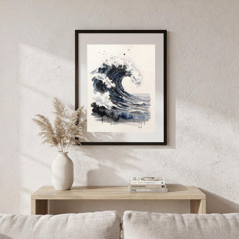 Storm Wave Watercolor Print, Dark Indigo Ocean Art, Moody Coastal Wall Decor, Large Seascape Painting, Printable Wall Art Digital Download image 6