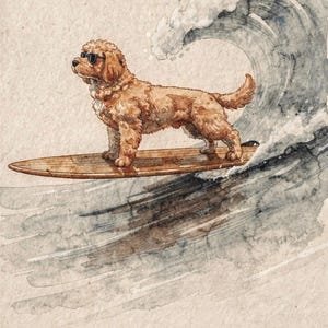 Goldendoodle surfing art, full artwork: watercolor and ink dog in sunglasses on a wooden longboard riding a curling wave.