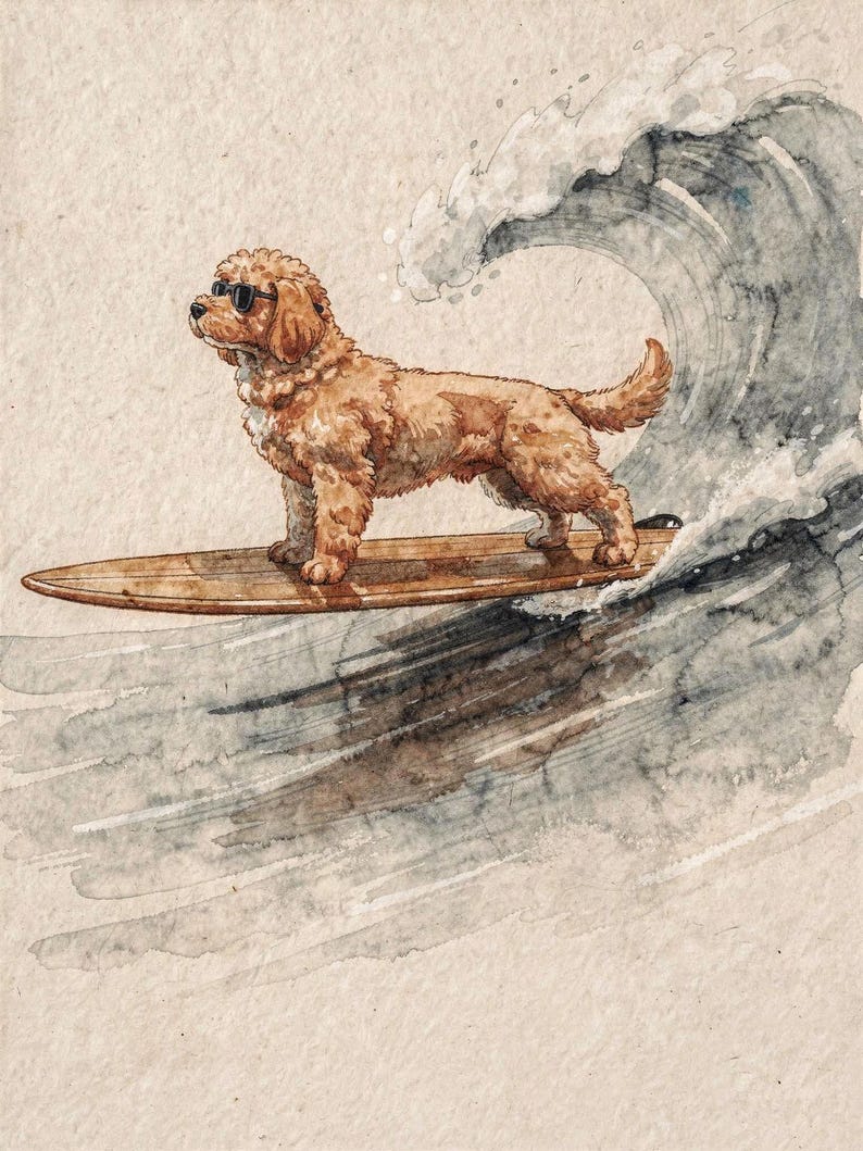 Goldendoodle surfing art, full artwork: watercolor and ink dog in sunglasses on a wooden longboard riding a curling wave.