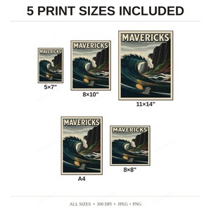 Mavericks California Surf Poster - available print sizes: 5x7, 8x10, 11x14, A4, and square