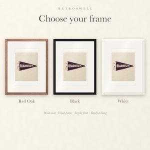 Frame options for Biarritz, France Surf Pennant: Red Oak, black and white wood frames, each with a white mat.