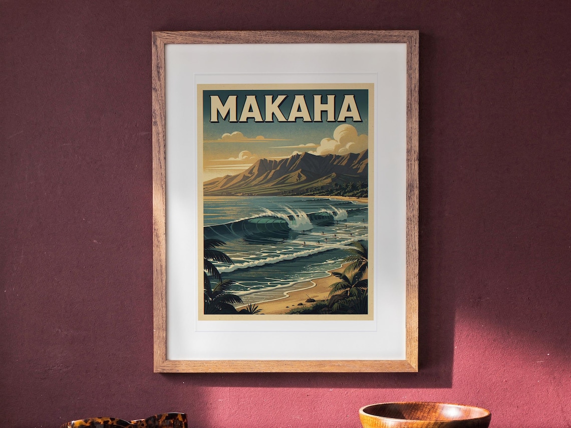 Makaha Surf Travel Poster print in a Red Oak frame with a white mat, hanging above the sideboard in a green study.