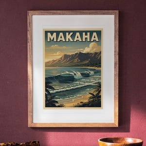 Makaha Surf Travel Poster print in a Red Oak frame with a white mat, hanging above the sideboard in a green study.