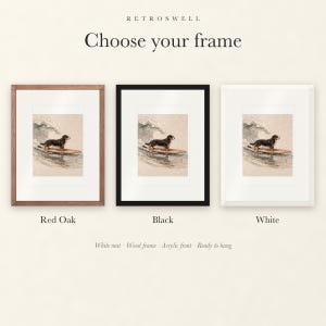 Frame options for Bernese Mountain Dog Surfing: Red Oak, black and white wood frames, each with a white mat.