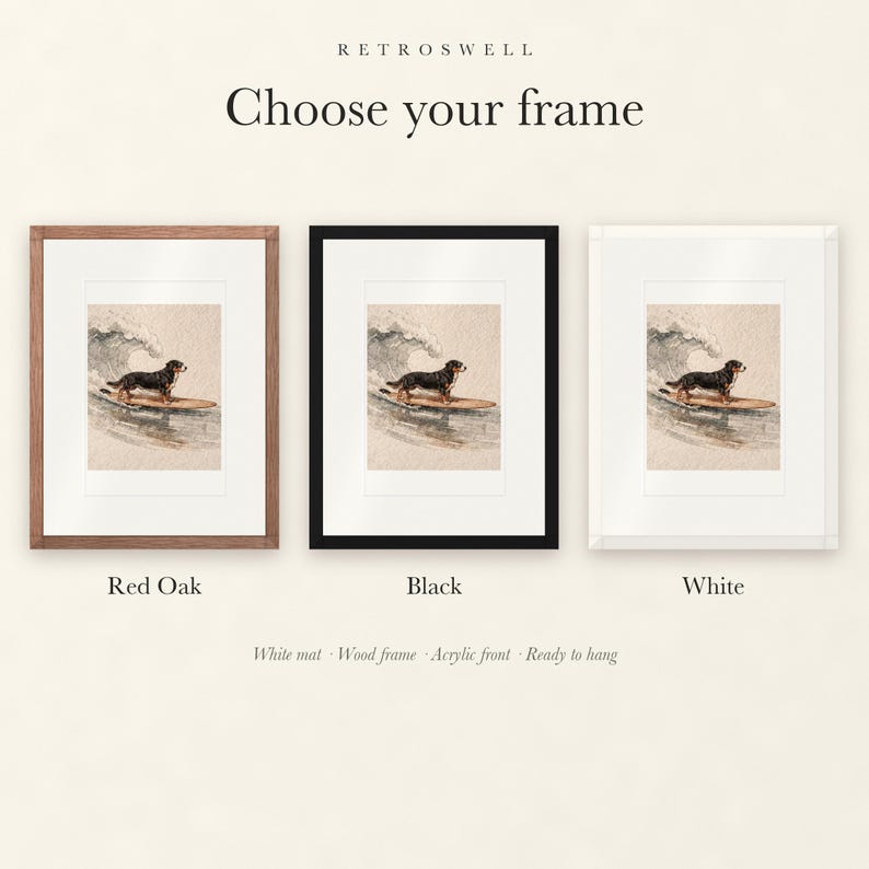 Frame options for Bernese Mountain Dog Surfing: Red Oak, black and white wood frames, each with a white mat.