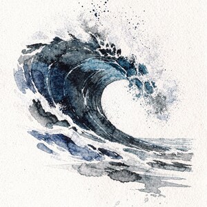 Watercolor Wave Painting Print, Indigo Barrel Ocean Art, Coastal Wall Decor, Surf Art, Beach House Gift, Printable Wall Art Digital Download image 2