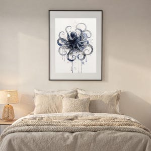 Octopus Watercolor Print, Indigo Sea Life Painting, Coastal Wall Art, Nautical Bathroom Decor, Printable Wall Art Digital Download image 7