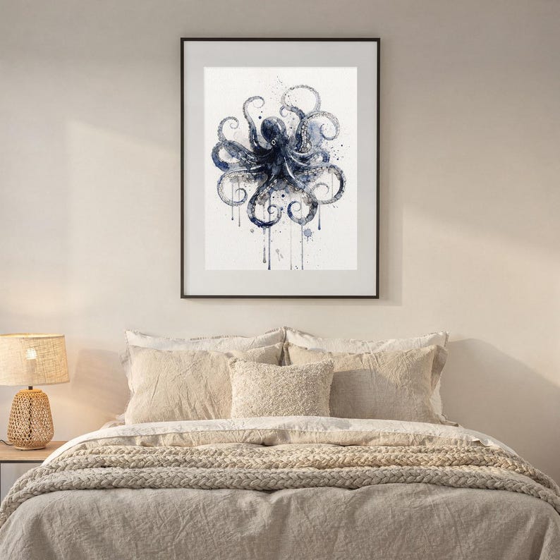Octopus Watercolor Print, Indigo Sea Life Painting, Coastal Wall Art, Nautical Bathroom Decor, Printable Wall Art Digital Download image 7