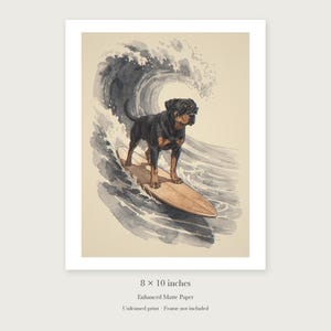 Rottweiler Surfing unframed 8 by 10 inch print on enhanced matte paper, shown with its white paper border.
