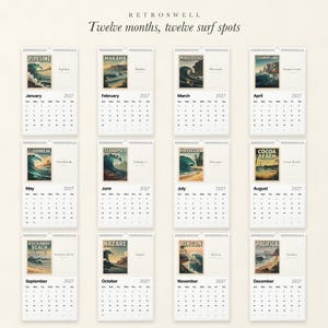 All twelve months of the 2027 Surf Spots calendar: a different vintage surf travel poster each month.