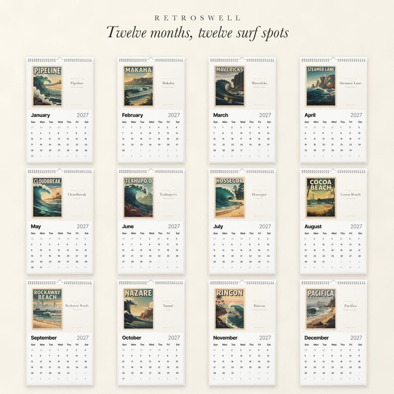 All twelve months of the 2027 Surf Spots calendar: a different vintage surf travel poster each month.