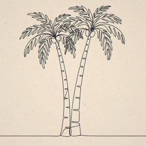 Two palm trees in line art unframed printed artwork and full composition with its paper border.