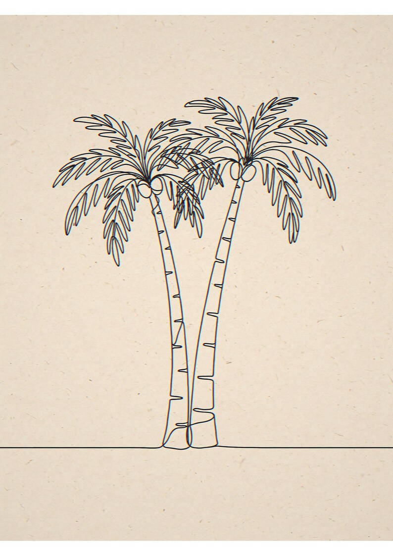 Two palm trees in line art unframed printed artwork and full composition with its paper border.