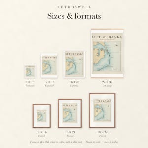 Sizes and formats for Outer Banks Surf Map, shown to scale: unframed prints, oak hanger and framed prints.