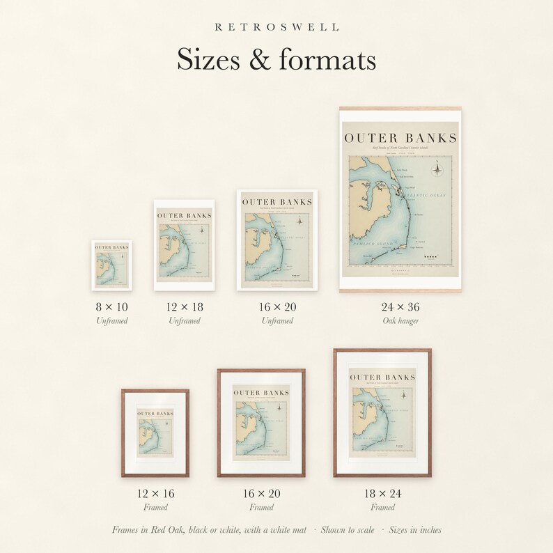 Sizes and formats for Outer Banks Surf Map, shown to scale: unframed prints, oak hanger and framed prints.