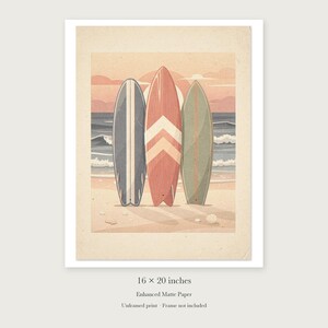 Lámina decorativa infantil con diseño de tabla de surf, enmarcada o sin enmarcar. Póster retro playero para habitación de bebé. imagen 9