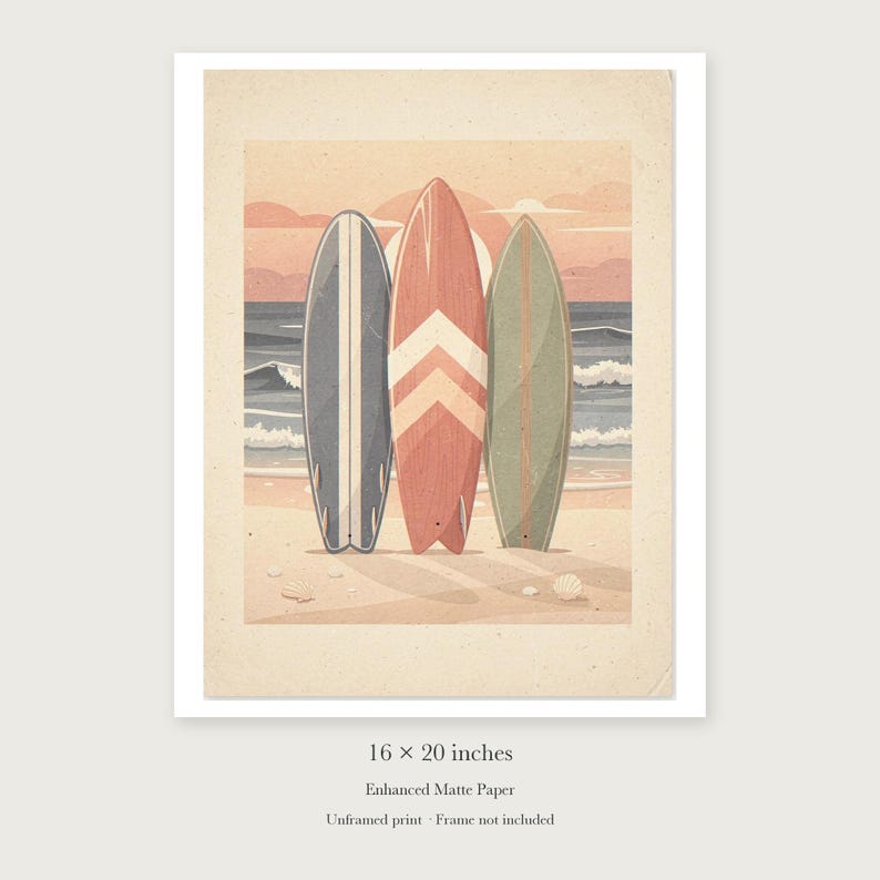Lámina decorativa infantil con diseño de tabla de surf, enmarcada o sin enmarcar. Póster retro playero para habitación de bebé. imagen 9
