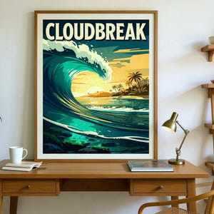 Cloudbreak Fiji Surf Poster framed in a home office setting