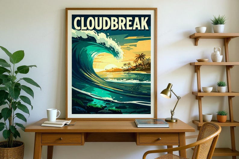 Cloudbreak Fiji Surf Poster framed in a home office setting