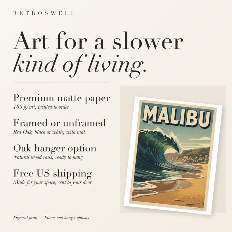 RetroSwell print details for Malibu Surf: premium 189 g/m² matte paper, framed or unframed, oak hanger option, free US shipping.