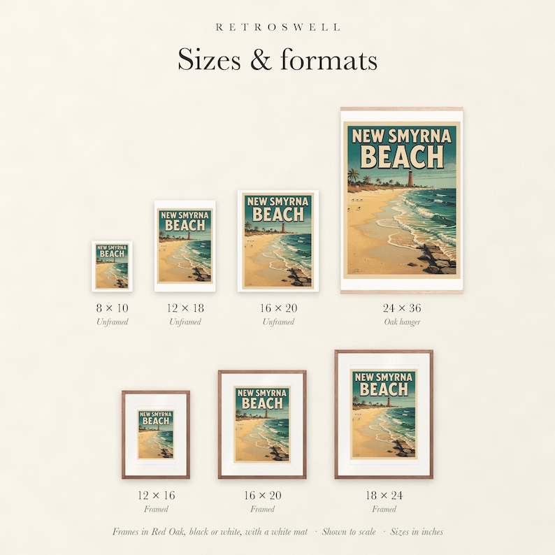 Sizes and formats for New Smyrna Beach Surf, shown to scale: unframed prints, oak hanger and framed prints.