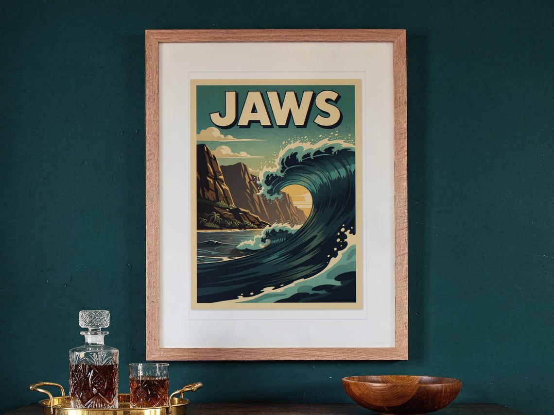 Jaws Maui Surf Travel Poster print in a Red Oak frame with a white mat, hanging above the sideboard in a green study.