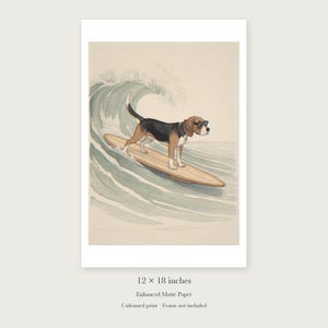 Beagle Surfing unframed 12 by 18 inch print on enhanced matte paper, shown with its white paper border.