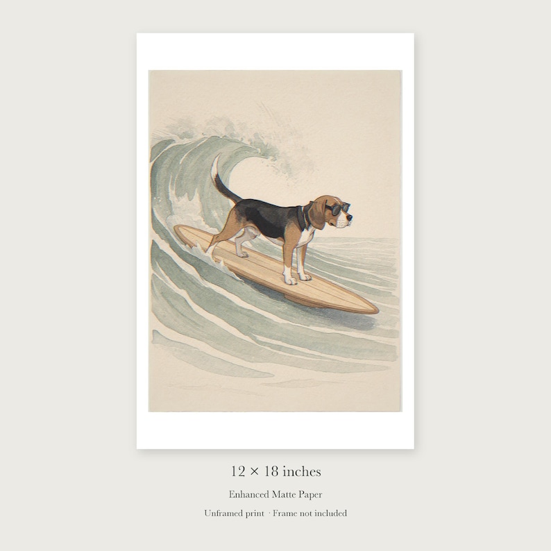 Beagle Surfing unframed 12 by 18 inch print on enhanced matte paper, shown with its white paper border.