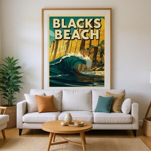 Blacks Beach Surf Poster framed in a beach-style living room setting