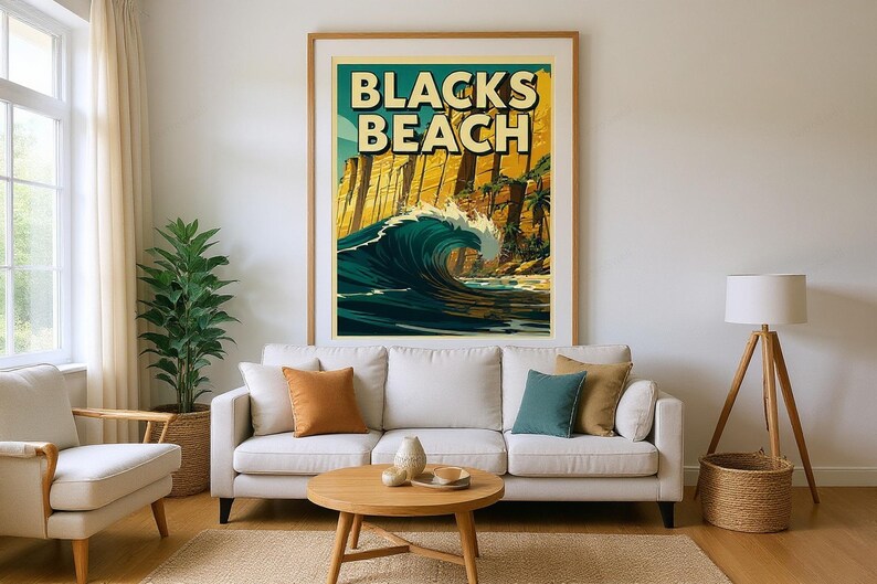 Blacks Beach Surf Poster framed in a beach-style living room setting
