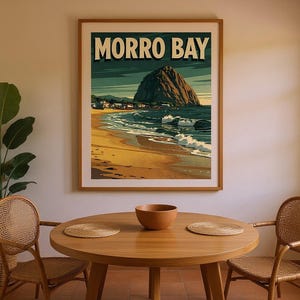 Morro Bay California Surf Poster framed in a coastal dining room setting