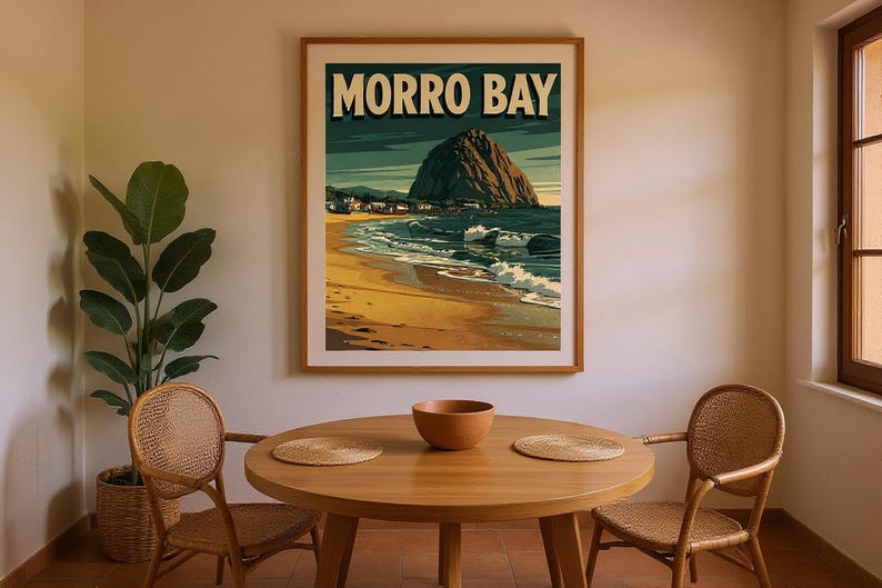 Morro Bay California Surf Poster framed in a coastal dining room setting