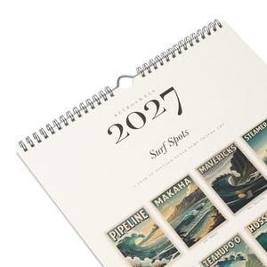 Close-up of the 2027 Surf Spots calendar cover and wire binding.