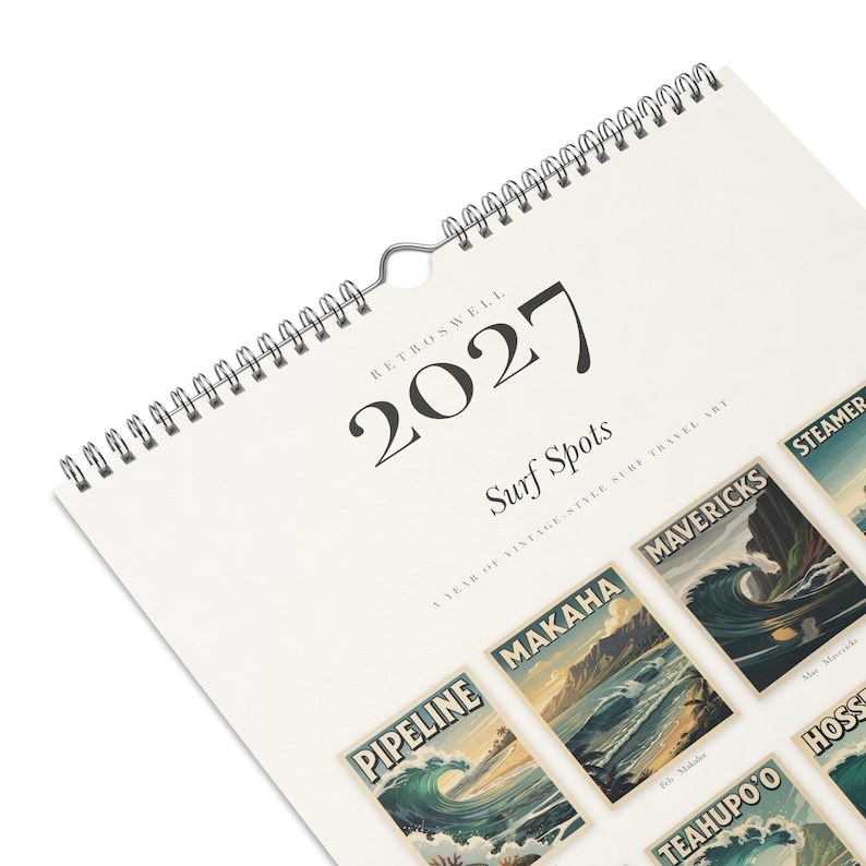 Close-up of the 2027 Surf Spots calendar cover and wire binding.