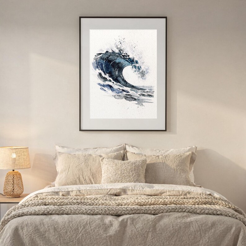 Watercolor Wave Painting Print, Indigo Barrel Ocean Art, Coastal Wall Decor, Surf Art, Beach House Gift, Printable Wall Art Digital Download image 7