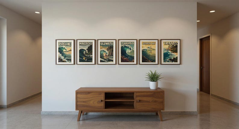 Vintage Surf Poster Gallery Wall Bundle displayed in coastal living room