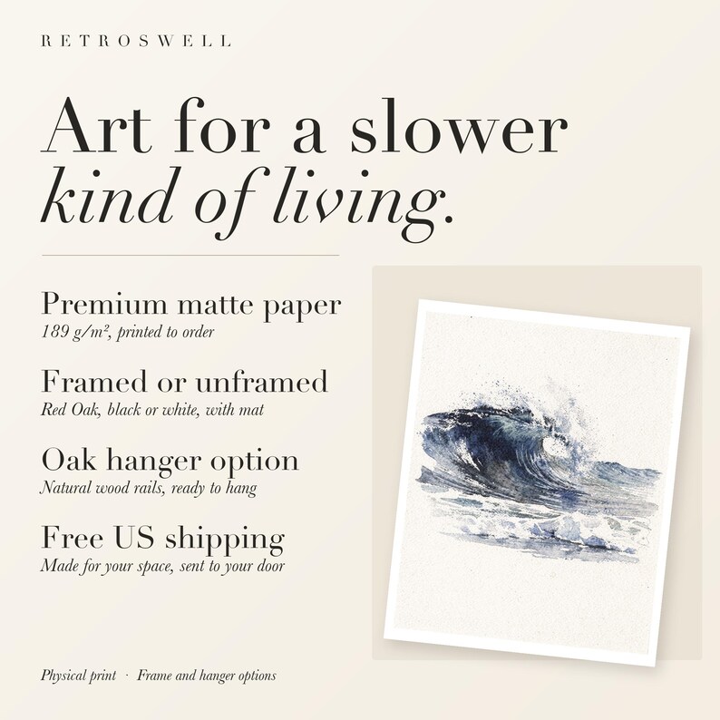 RetroSwell print details for Rolling Break Wave Watercolor: premium 189 g/m² matte paper, framed or unframed, oak hanger option, free US shipping.